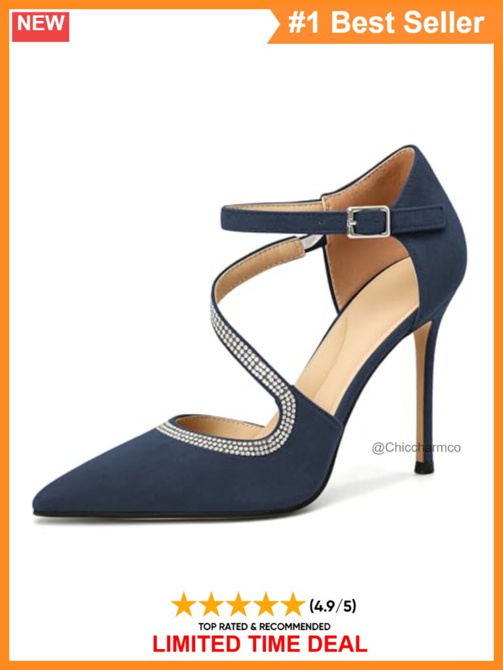 Rhinestone Pointed Toe Stiletto Pumps With Ankle Strap Faux Suede Heels